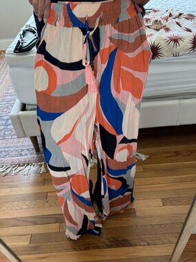 Abstract Coral & Blue Wide-Leg Pants